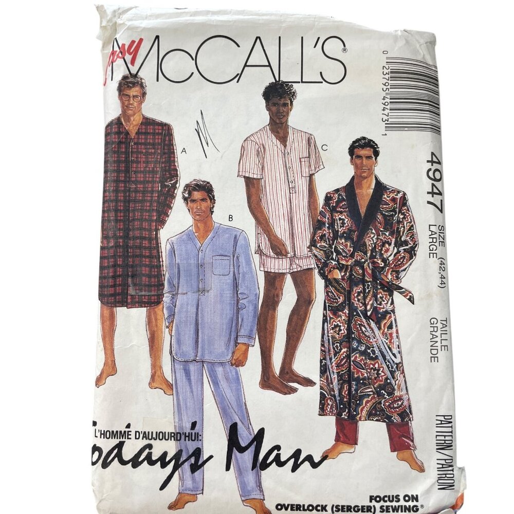 80s McCalls 4947 Mens Sewing Pattern Size Large Robe Nightshirt & Pajamas UNCUT